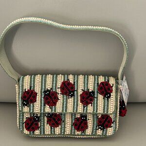 Handcrafted in India Beaded Striped Bag Ladybugs w Charm NWT RARE!